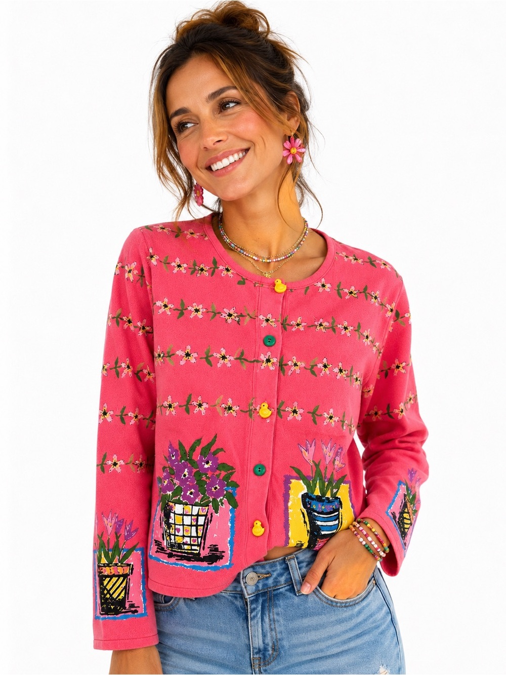 Onque Vintage 90s Hand Painted Floral Cotton Cardigan Sweater Cottagecore